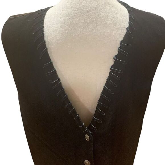 AJ Vintage Vest Leather Whipstitch Lined Silver Buttons Pockets Black Medium Men - Picture 4 of 7